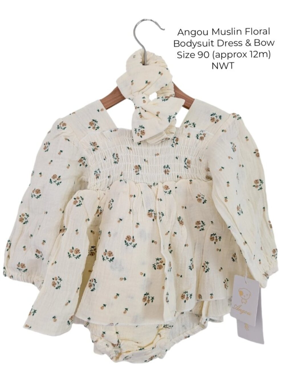 Angou Muslin Cotton Floral Bodysuit Dress & Bow Set 12M Girls Clothing